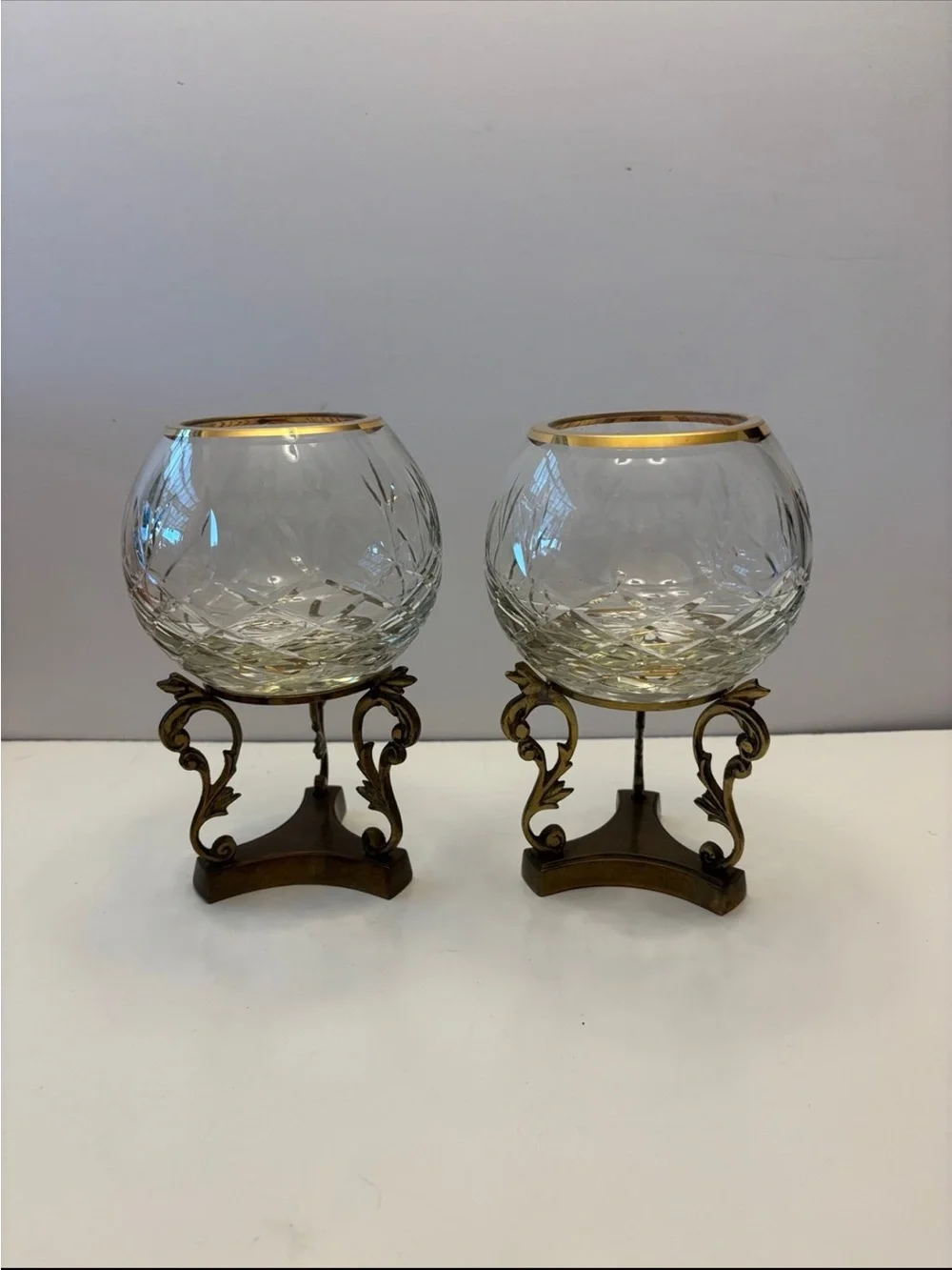 Pair vintage cut crystal rose bowls or candle jars on brass stands